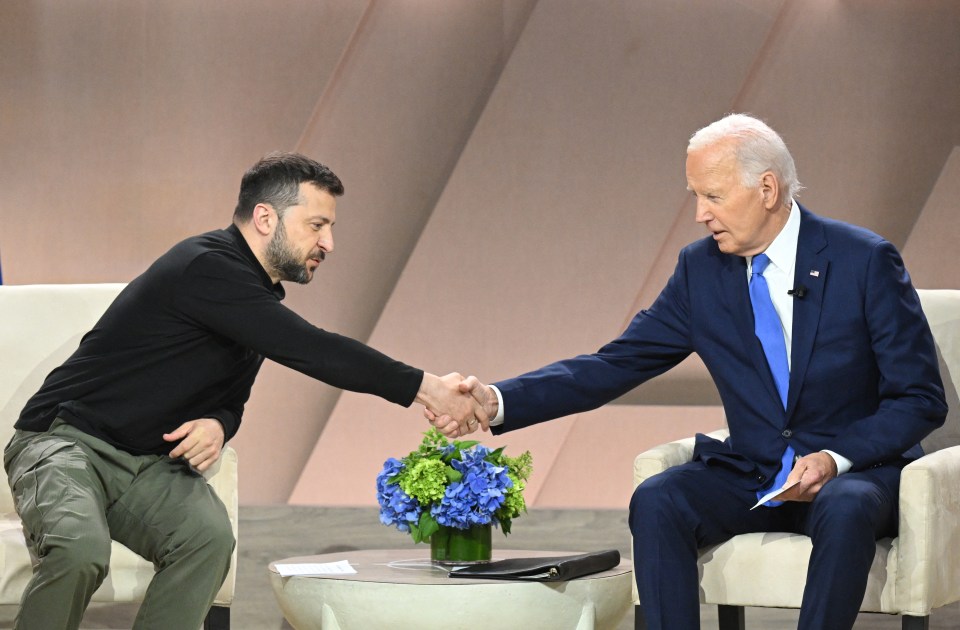 US President Joe Biden meets with Ukraine's President Volodymyr Zelensky on the sidelines of the NATO Summit at the Walter E. Washington Convention Center in Washington, DC, July 11, 2024. (Photo by SAUL LOEB / AFP) (Photo by SAUL LOEB/AFP via Getty Images)