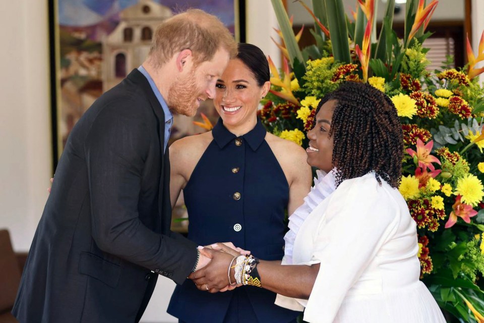 Harry greets Vice President Francia Márquez as Meghan smiles on