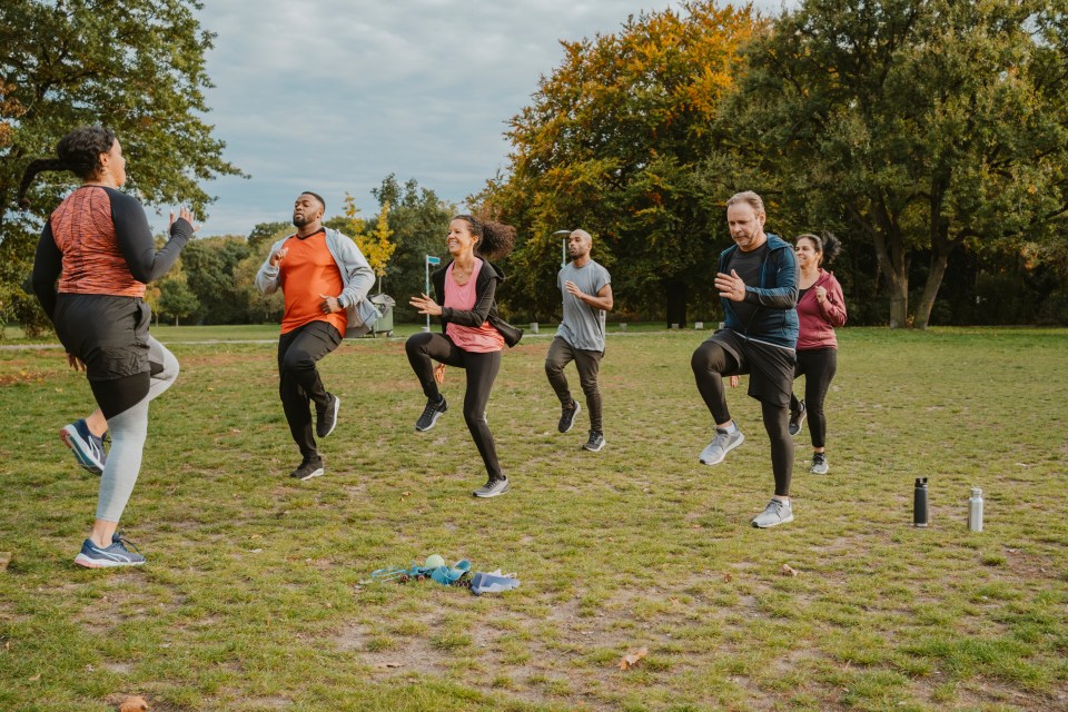 a group of people are doing exercises in a park