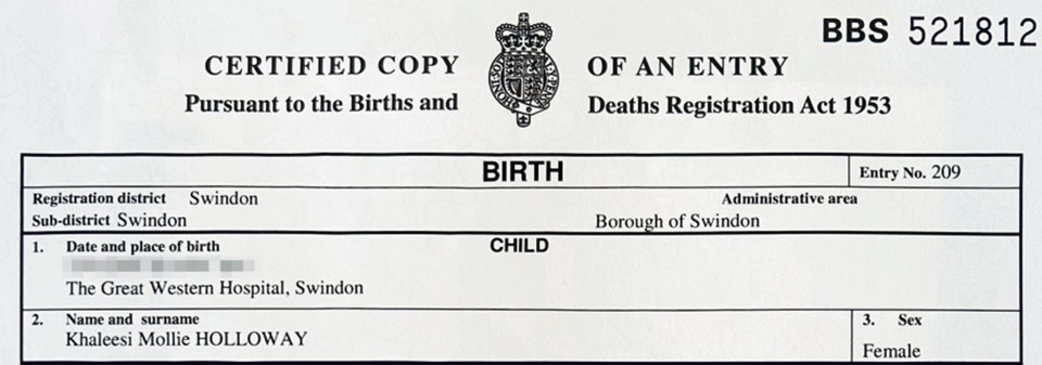 The birth certificate showing Khaleesi Holloway's name