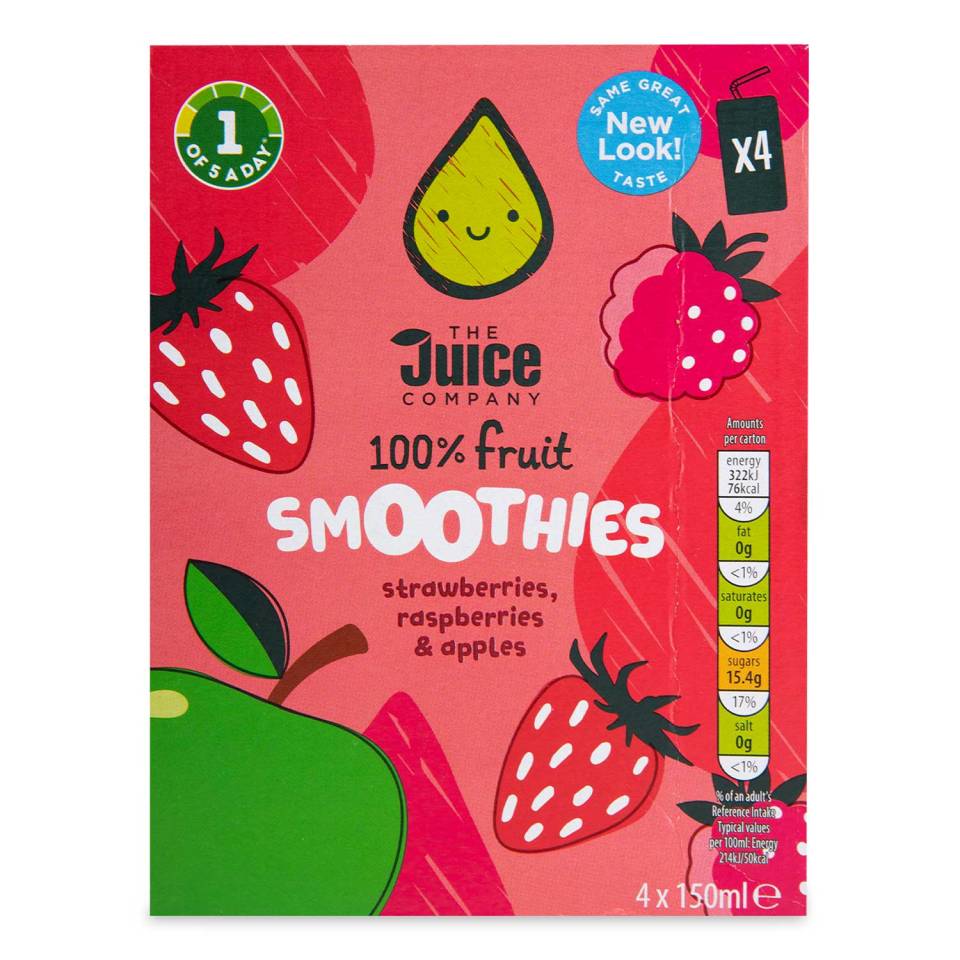 a box of the juice company 100 % fruit smoothies