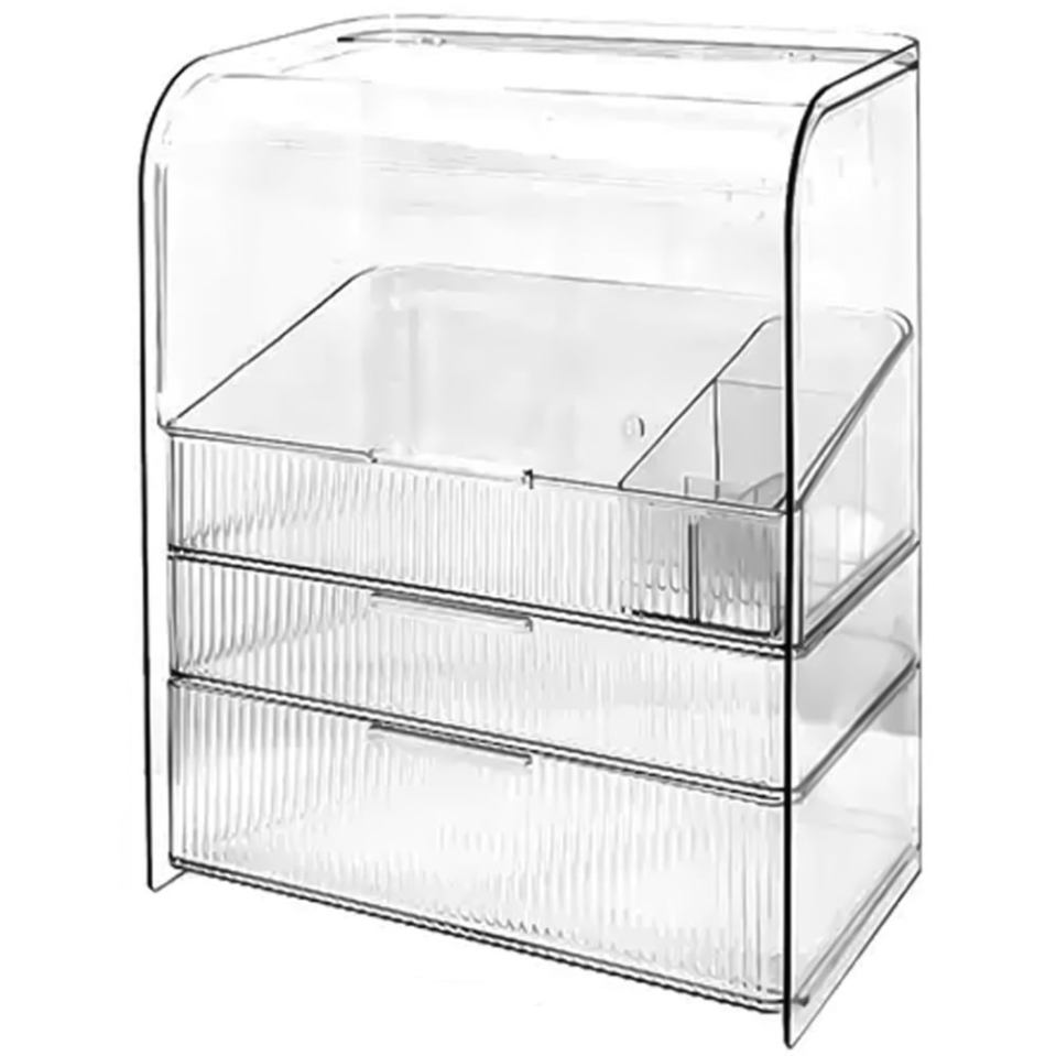 a clear plastic container with three drawers and a lid