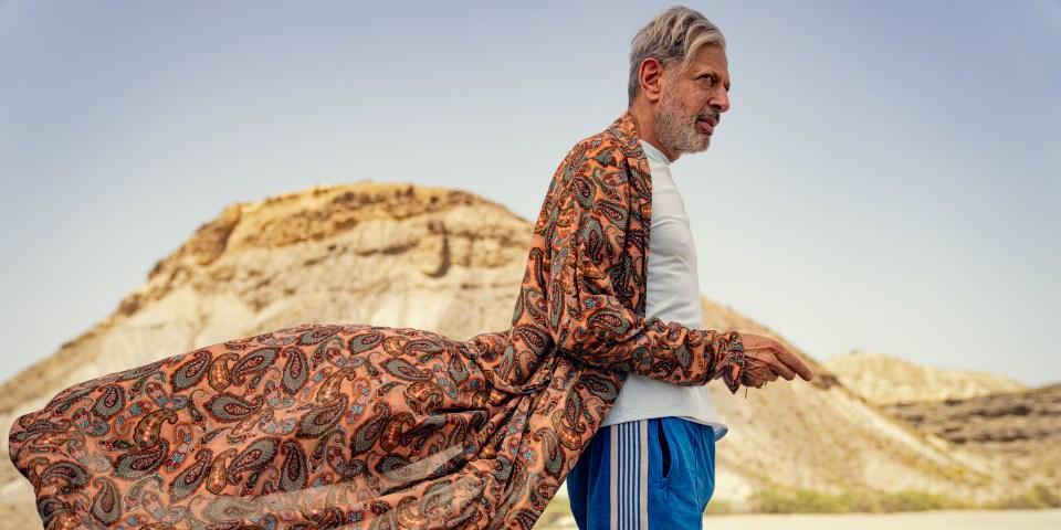 a man in a paisley robe stands in front of a mountain