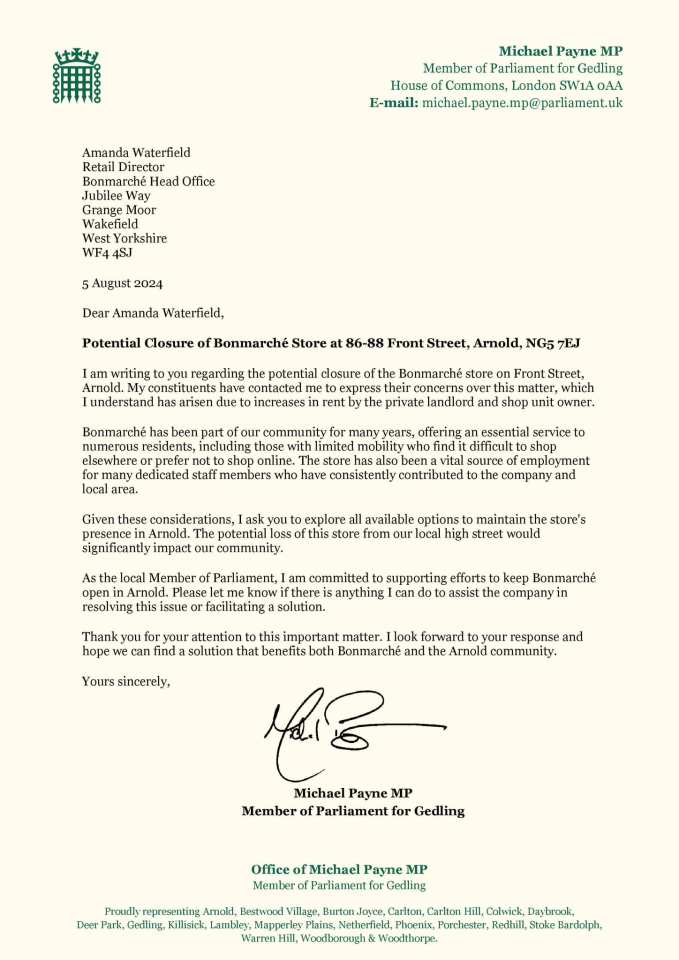 a letter from michael payne mp member of parliament for gedling