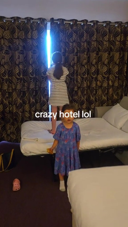 two little girls in a hotel room with crazy hotel lol written on the bottom