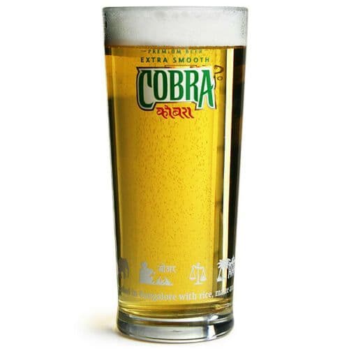 a glass filled with cobra beer on a white background .