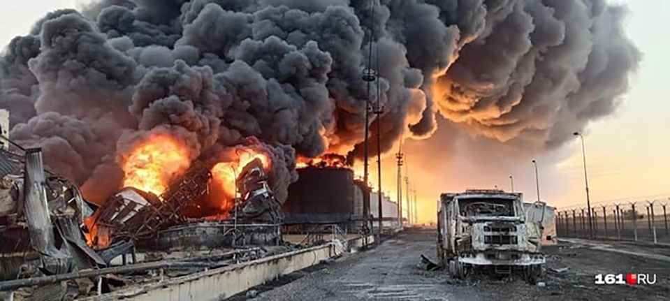 A new explosion at the Proletarsk diesel facility which has been burning since Sunday after a devastating Ukrainian kamikaze drone strike.