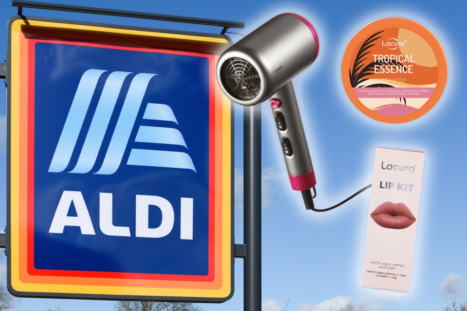 an aldi sign with a hair dryer and a lip kit