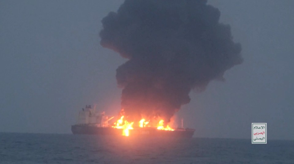 Screen grab taken from a video released on August 21, 2024 by Yemen's Houthis shows what they say is smoke rising from a fire aboard a Greek-flagged oil tanker in the Red Sea. Houthi Military Media/Handout via REUTERS THIS IMAGE HAS BEEN SUPPLIED BY A THIRD PARTY