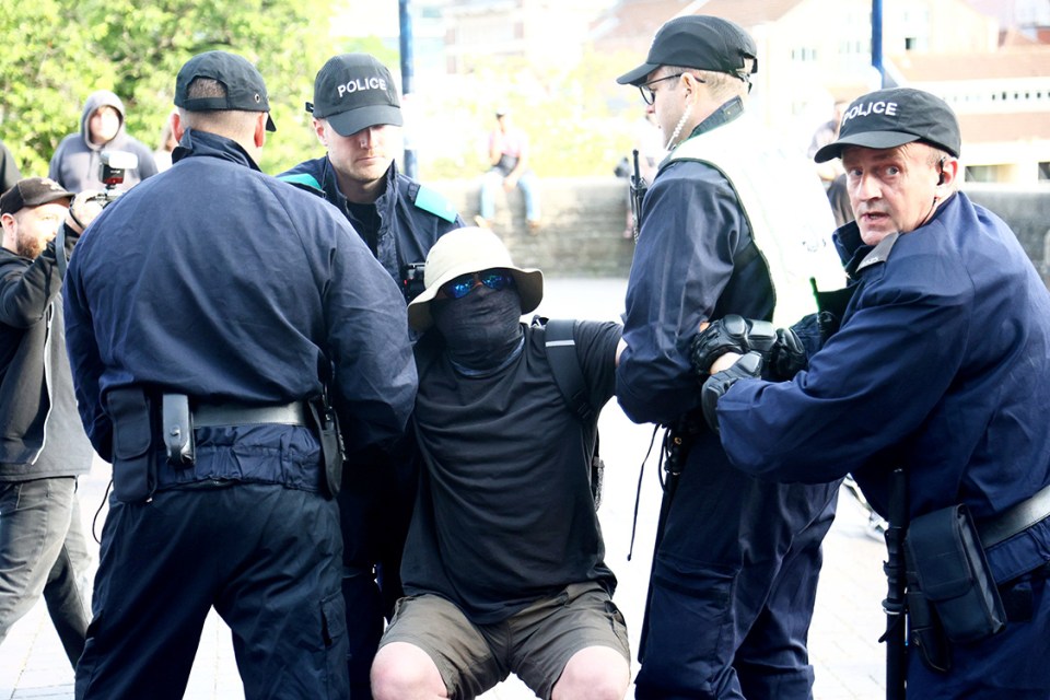 The far-right counter demonstration in Bristol this evening. August 3, 2024. A far-right demonstration and a counter-demonstration are happening at Castle Park in the city centre. The far-right demonstration, which has been promoted on social media using the taglines �enough is enough� and �stop the boats� follows similar demonstrations across the country including those in London, Hartlepool, Manchester, Aldershot and Southport, following the murder of three young girls on Monday.