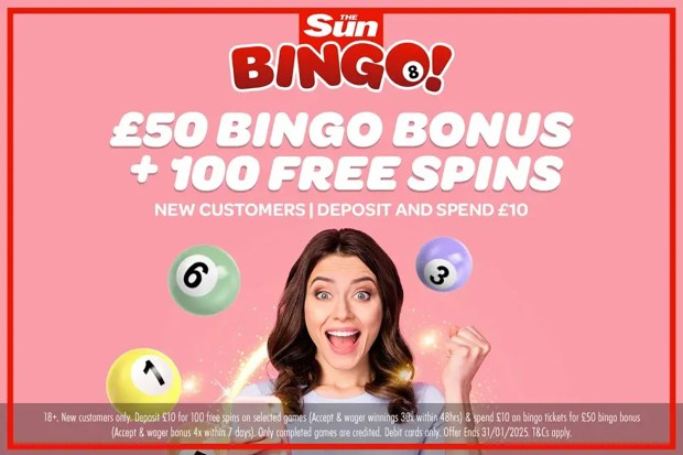 an advertisement for the sun bingo offers 50 bingo bonus and 100 free spins