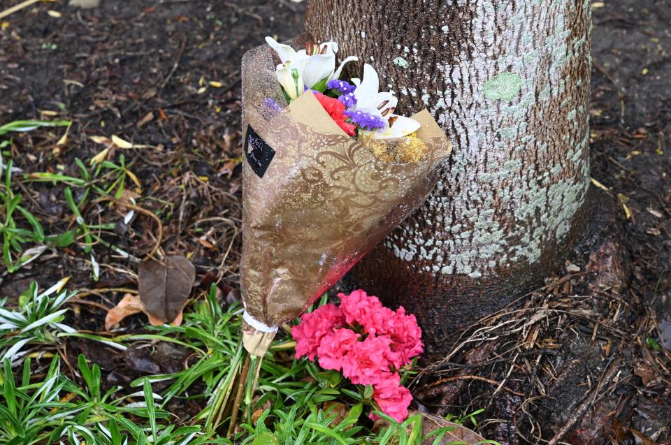 a bouquet of flowers is tied to a tree trunk