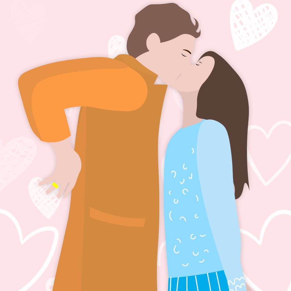 an illustration of a man and woman kissing with hearts in the background