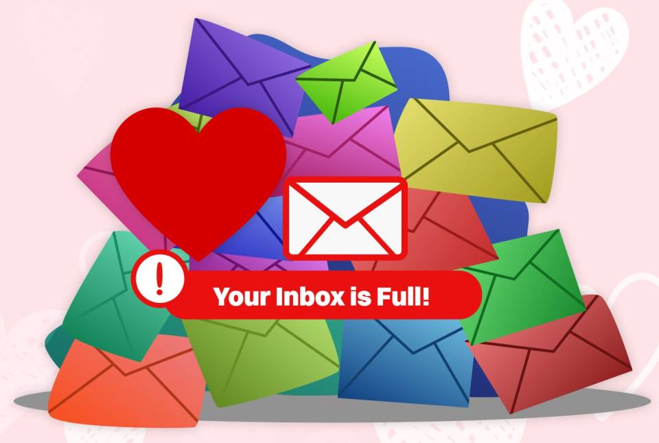 a bunch of colorful envelopes with a red heart and a message that says your inbox is full