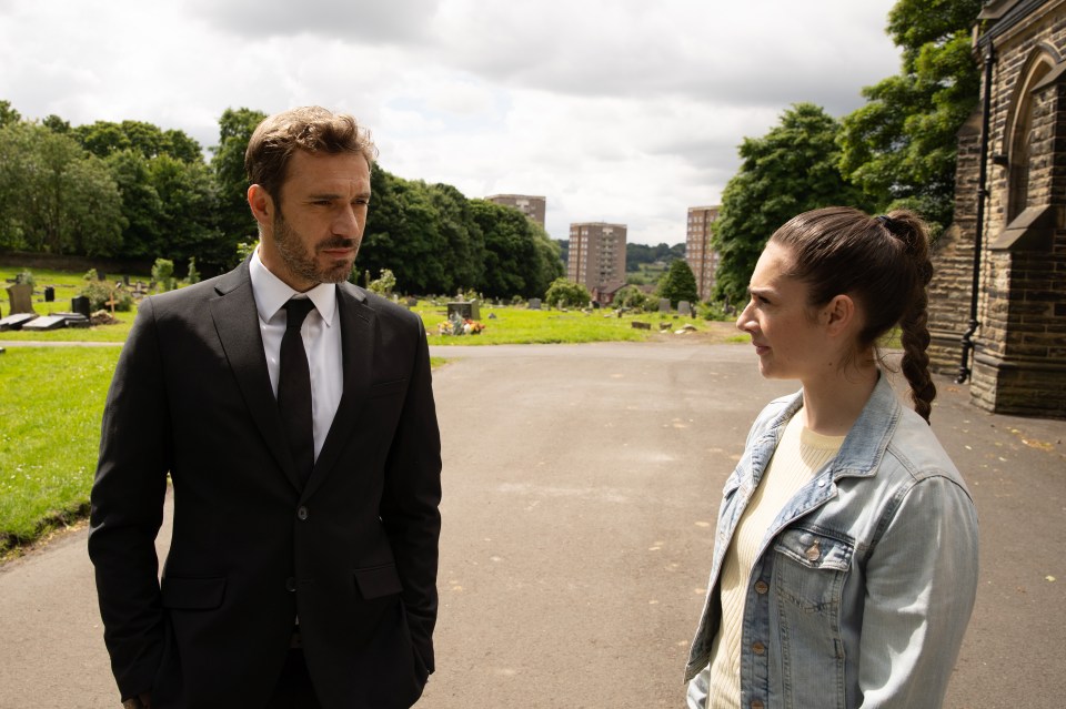 Victoria puts her foot in it with a bereaved son at his mum’s funeral in Emmerdale