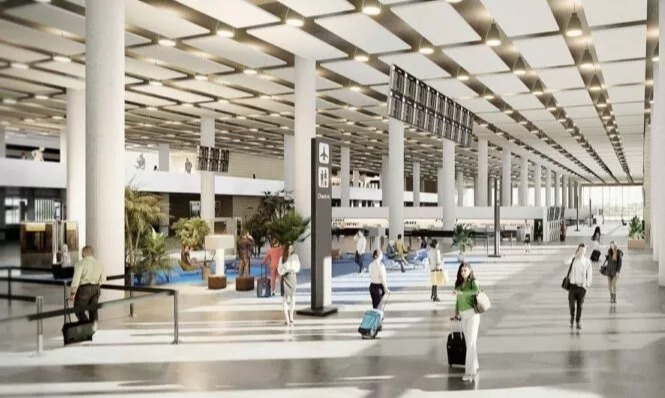 an artist 's impression of the new terminal at the airport .