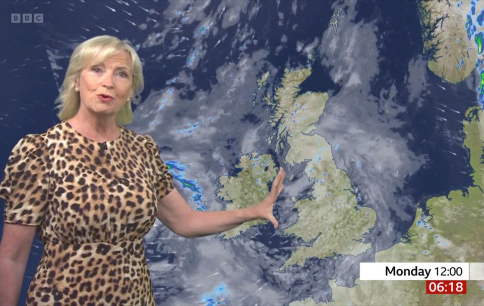 a woman in a leopard print dress is standing in front of a map that says monday 12:00