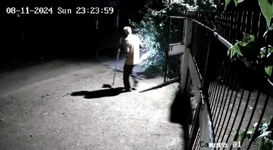 a man is standing in front of a gate with the date 08-11-2024