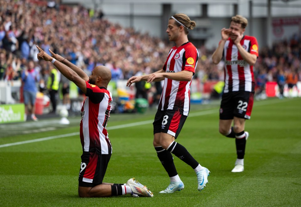 Bryan Mbeumo celebrates as he netted a goal in each half for Brentford