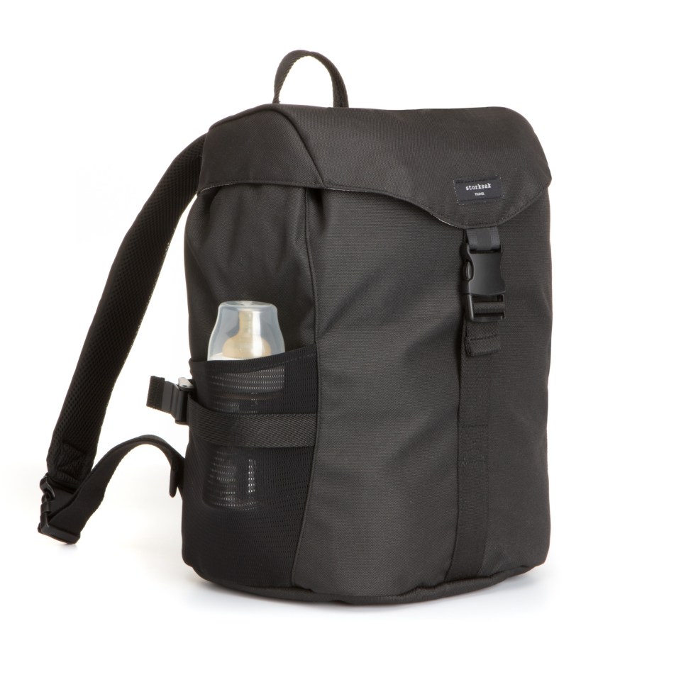 a black backpack with a bottle in the front pocket