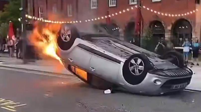 A torched car was filmed upside down in Sunderland last night