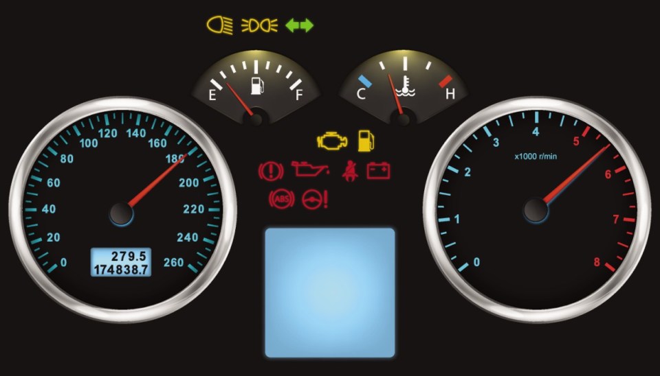 Illuminated car dashboard panel in full electric vehicle. Modern digital cluster with speedometer, odometer. Vector illustration. Eps 10.