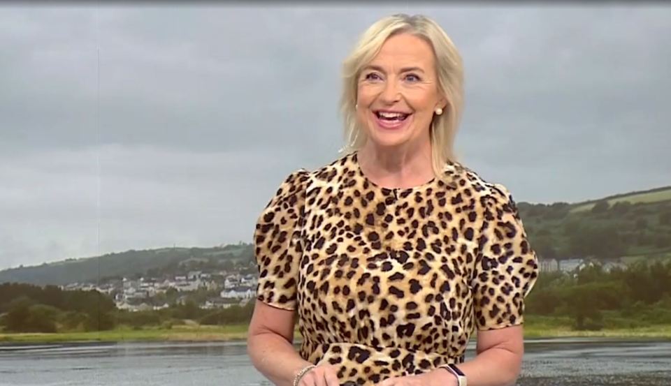 a woman in a leopard print dress is smiling in front of a body of water