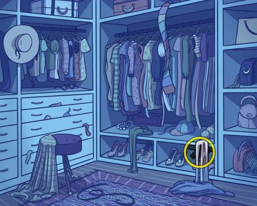 a cartoon drawing of a closet with clothes hanging on shelves