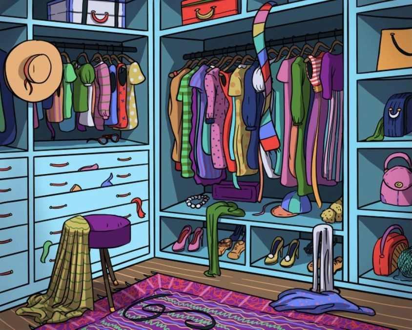 a cartoon drawing of a closet filled with clothes and shoes