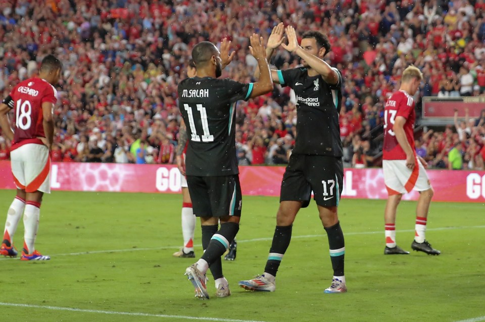 Curtis Jones  celebrates his goal with Mohamed Salah