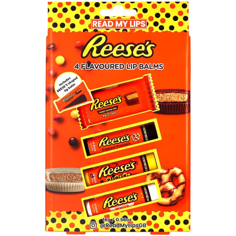 a pack of reese 's lip balms with a pretzel flavor