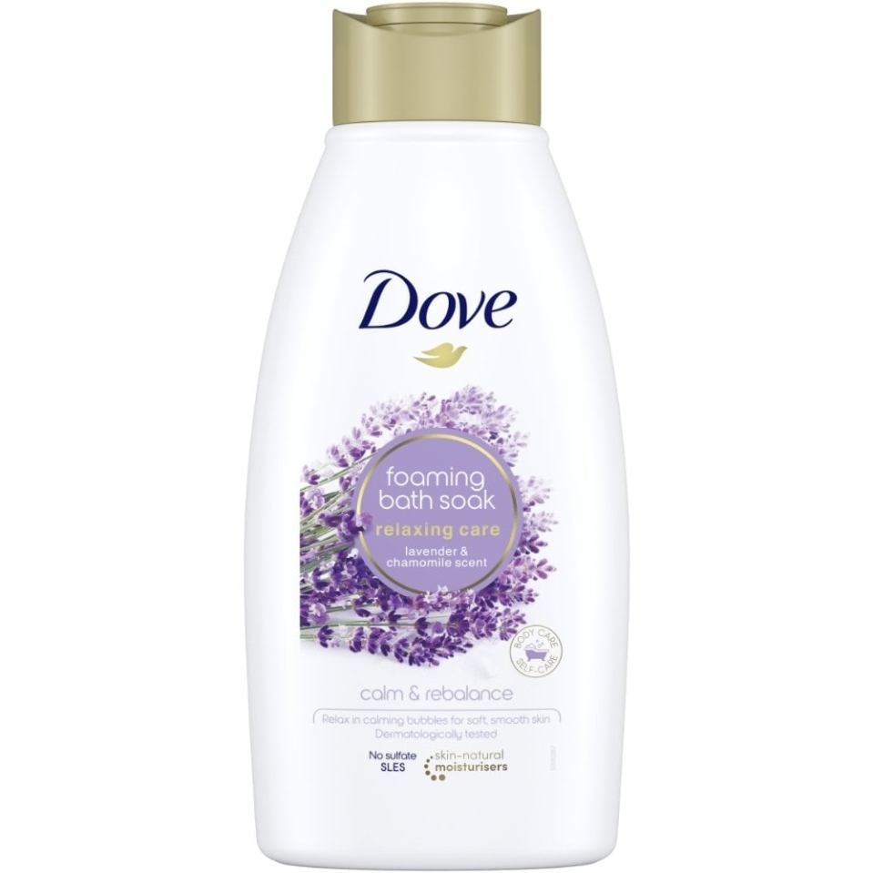 a bottle of dove foaming bath soak with lavender and chamomile