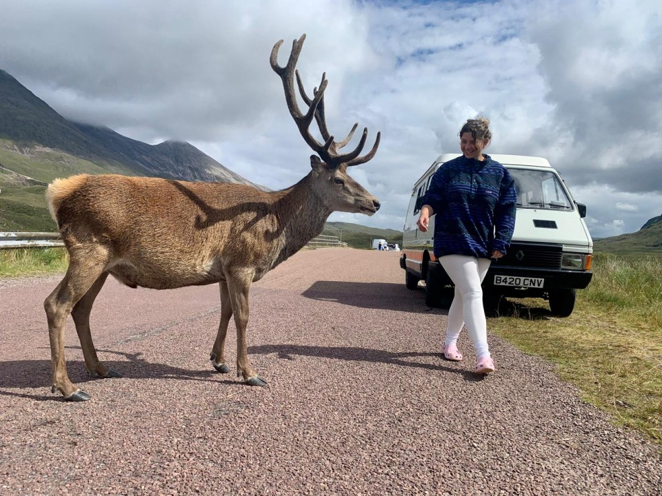 a woman walking next to a deer with a license plate that says b420 cny