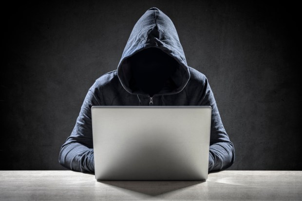 a person in a hoodie is sitting in front of a laptop