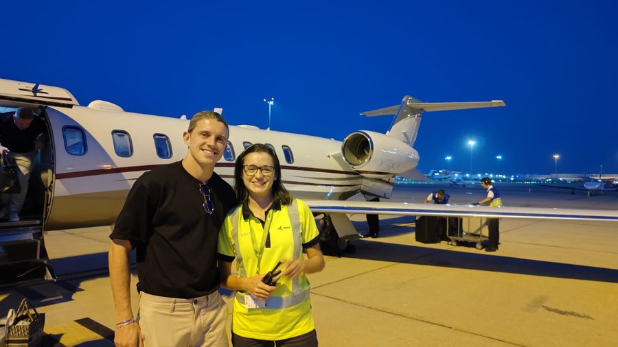 Conor Gallagher was beaming and posed with airport staff after arriving in Spain