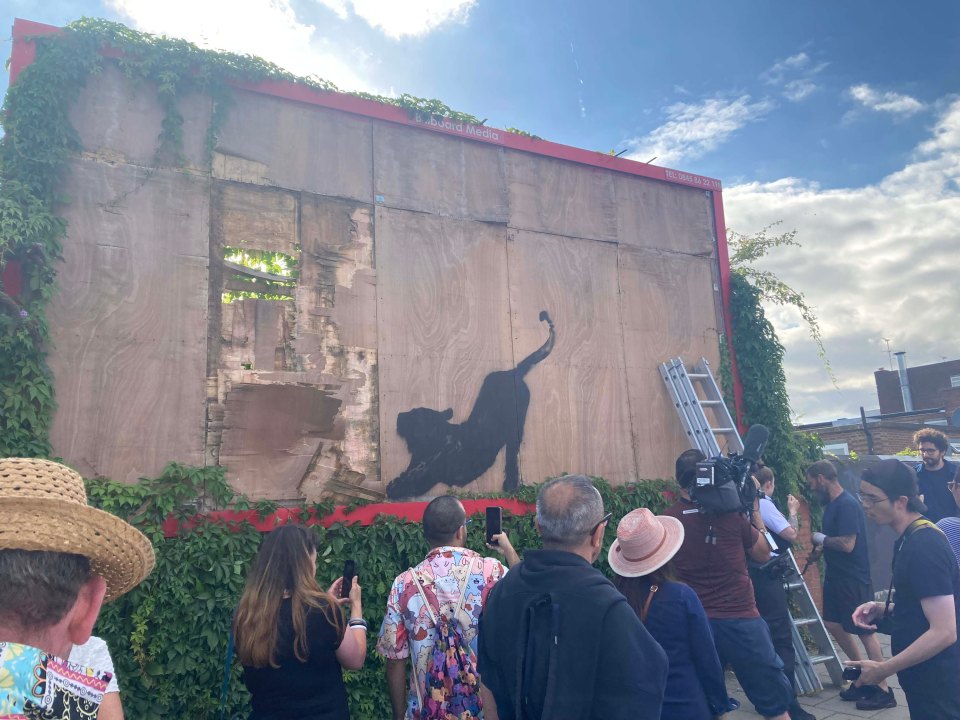 Contractors dismantled a billboard in Cricklewood, north-west London, with the new Banksy artwork depicting a stretching cat