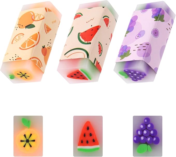 three erasers with different fruit designs on them