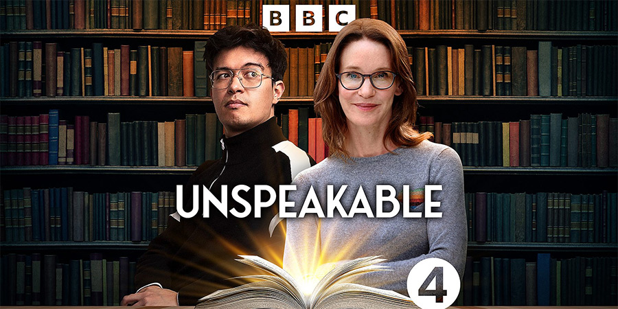 a man and a woman are sitting in front of a bookshelf and a sign that says unspeakable