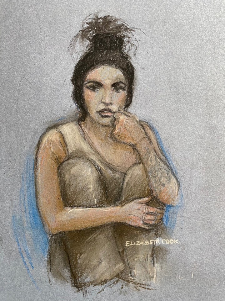 A court artist showed Price sitting with her knees up while appearing by video link