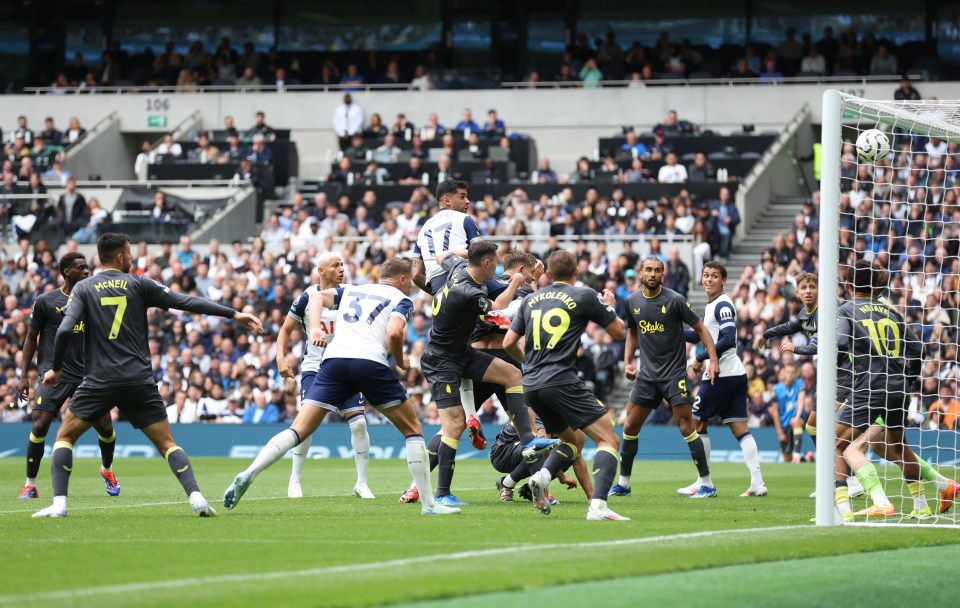 Romero leapt highest to make it 3-0 against Everton