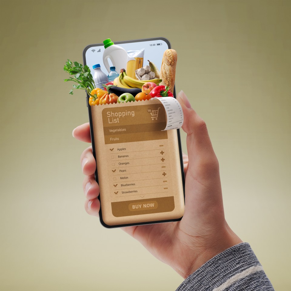 a person is holding a phone with a shopping list on it