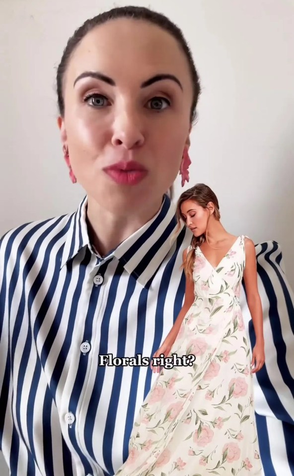 a woman wearing a striped shirt and a floral dress says florals right