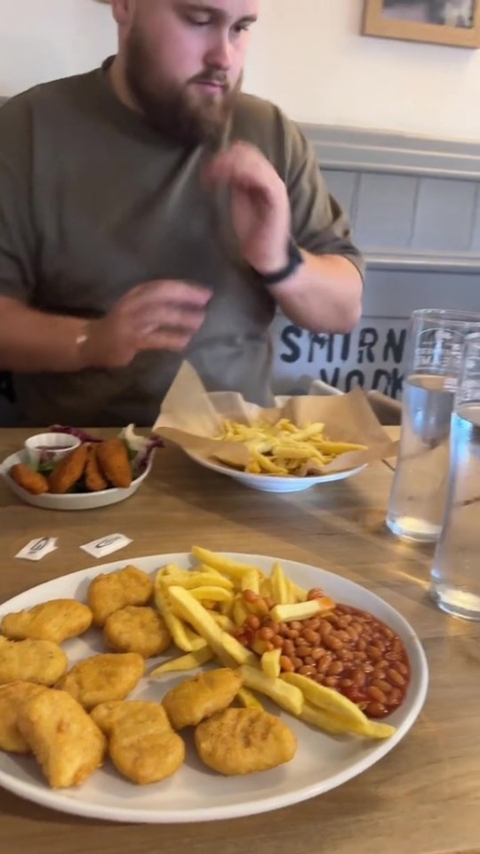 Sophie had some traditional pub grub - chicken nuggets, chips and baked beans