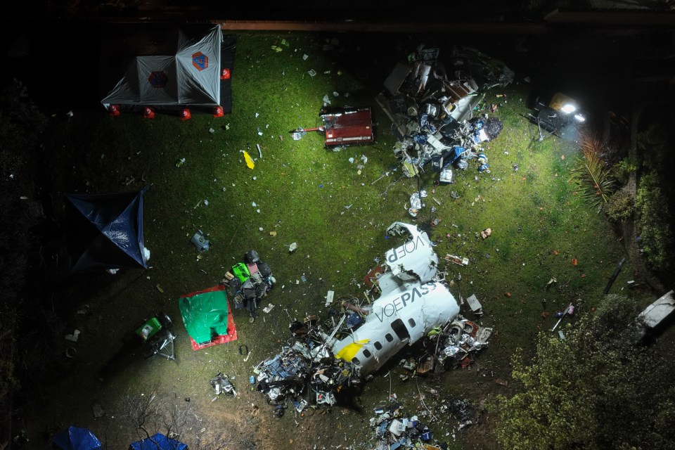 An aerial view of the crash showing the plane obliterated