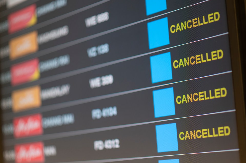 a screen displays a list of cancelled flights