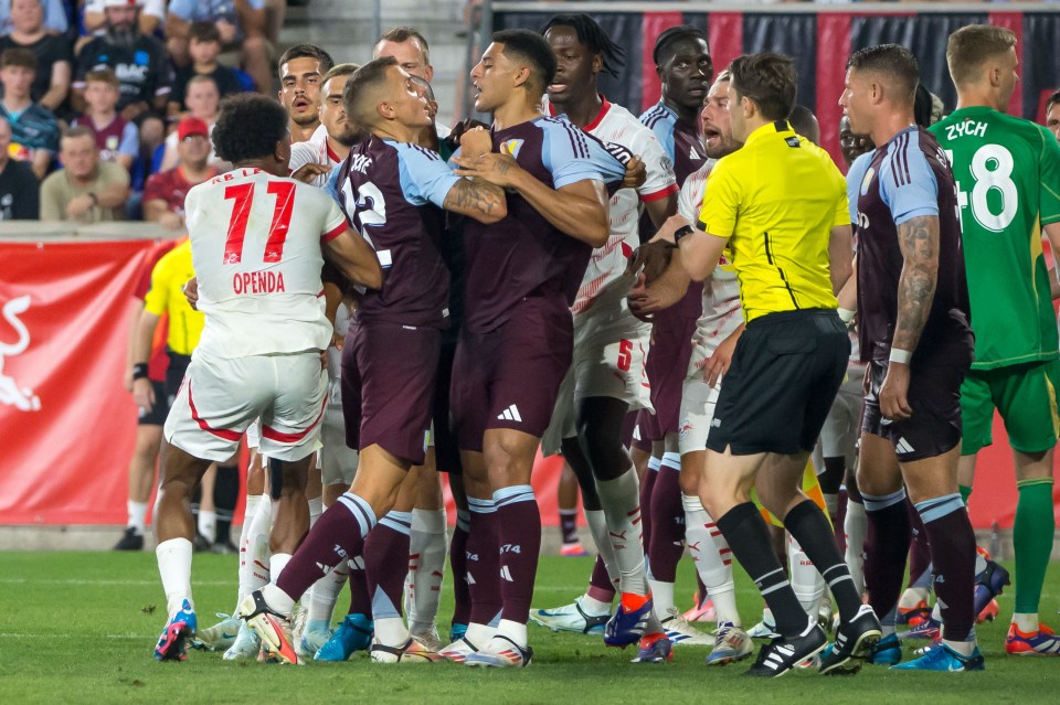 The brawl took place after Openda scored Leipzig's second goal