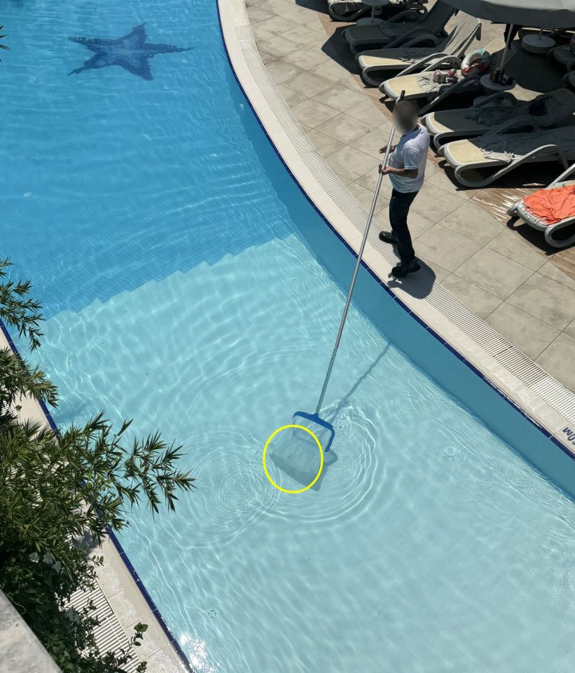 A hotel staff member allegedly fishing faeces from the communal swimming pool