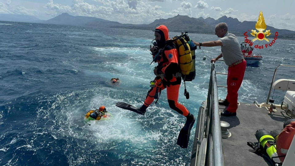 Divers operate in the sea to search for the missing, including British entrepreneur Mike Lynch, after a luxury yacht sank off Sicily, Italy, on August 19, 2024