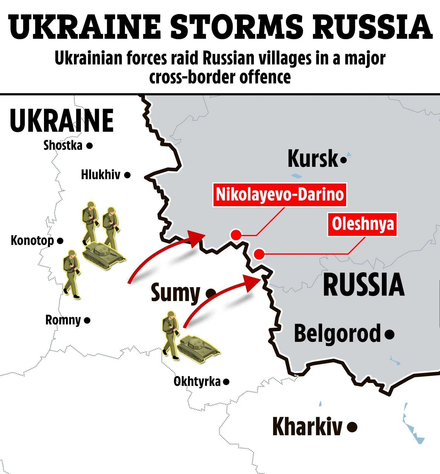 a map of ukraine and russia with the words ukraine storms russia