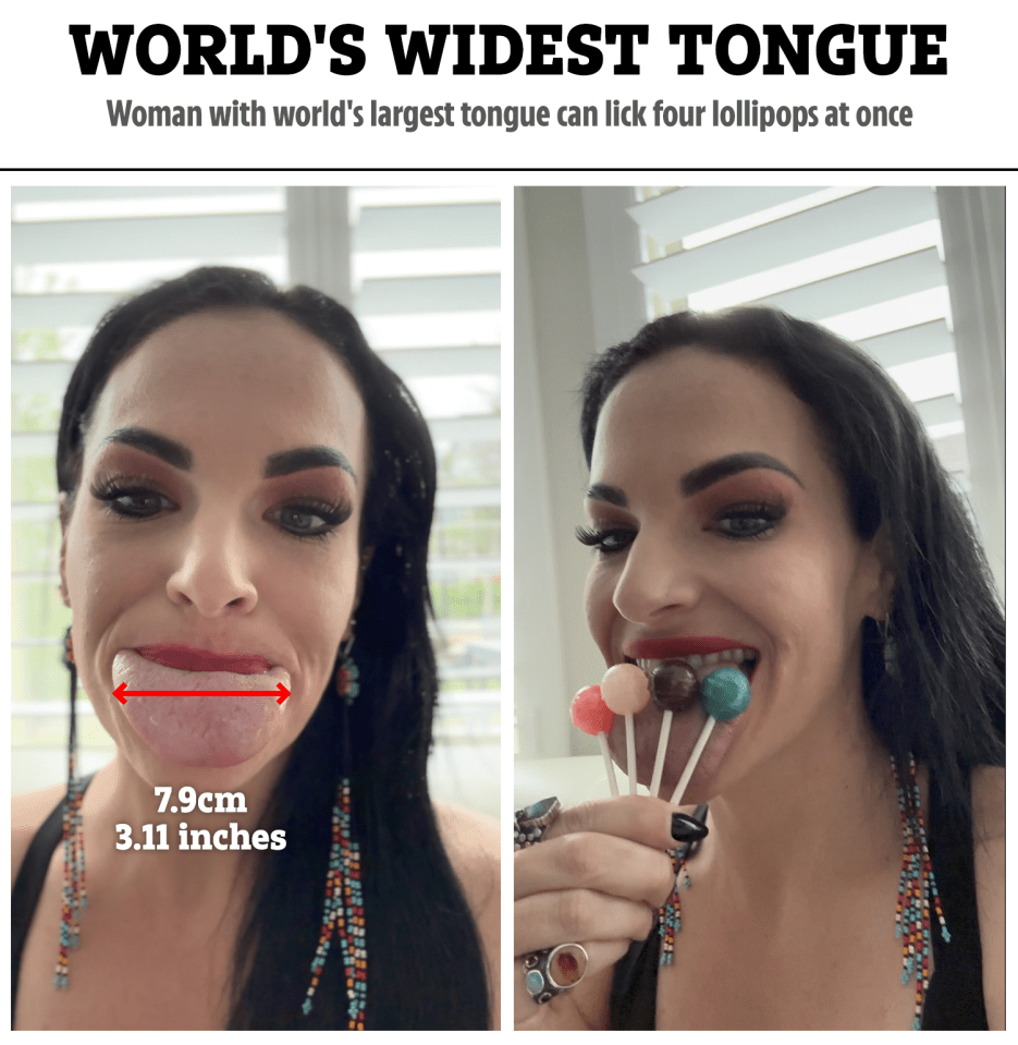 a woman with the world 's widest tongue can lick four lollipops at once